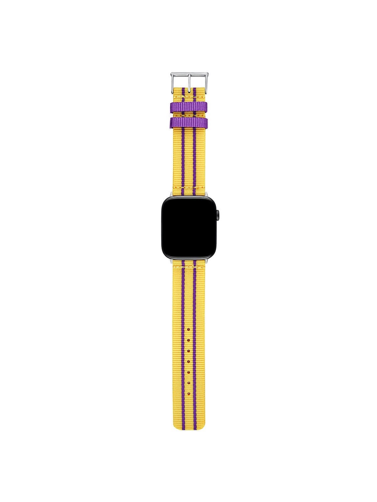 Correa para Apple Watch de nylon con rayas amarillo y morado