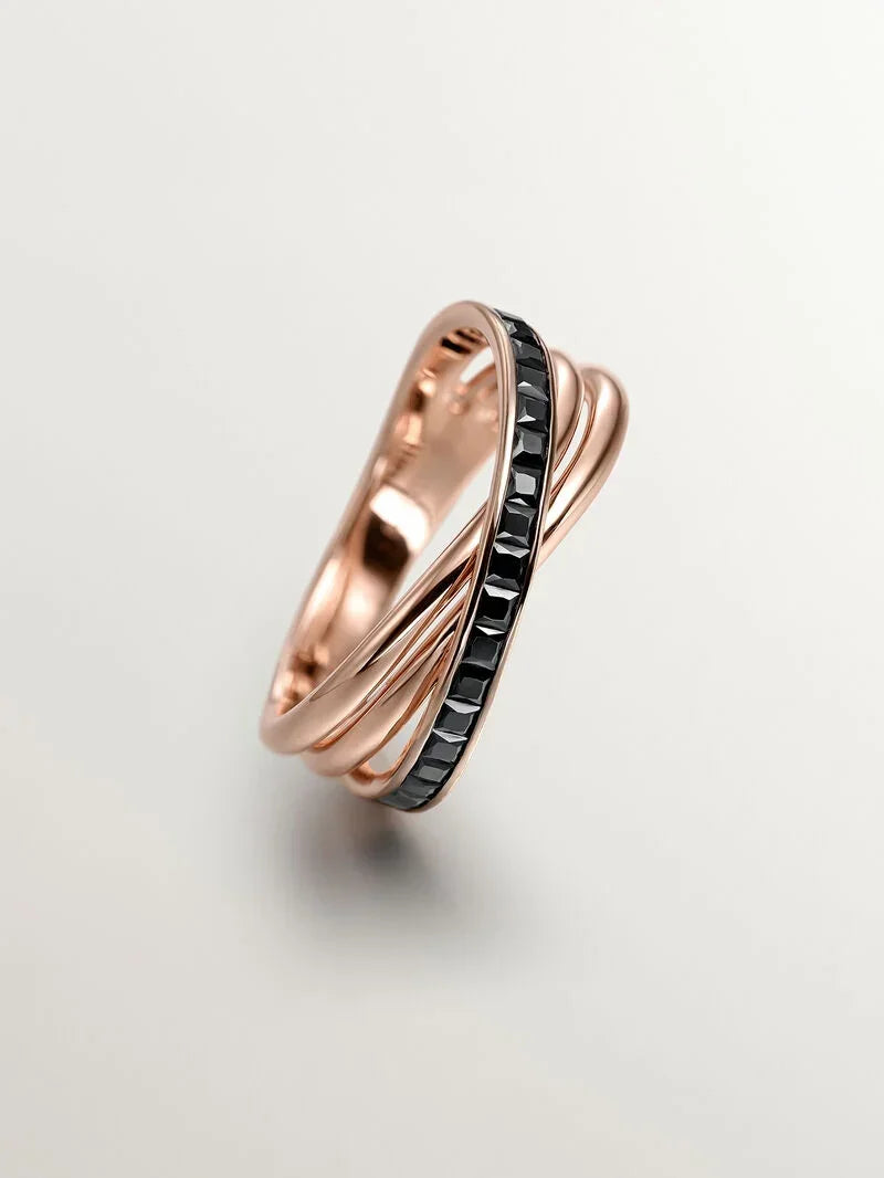 Anillo doble de plata 925 bañada en oro rosa de 18K con espinelas negras