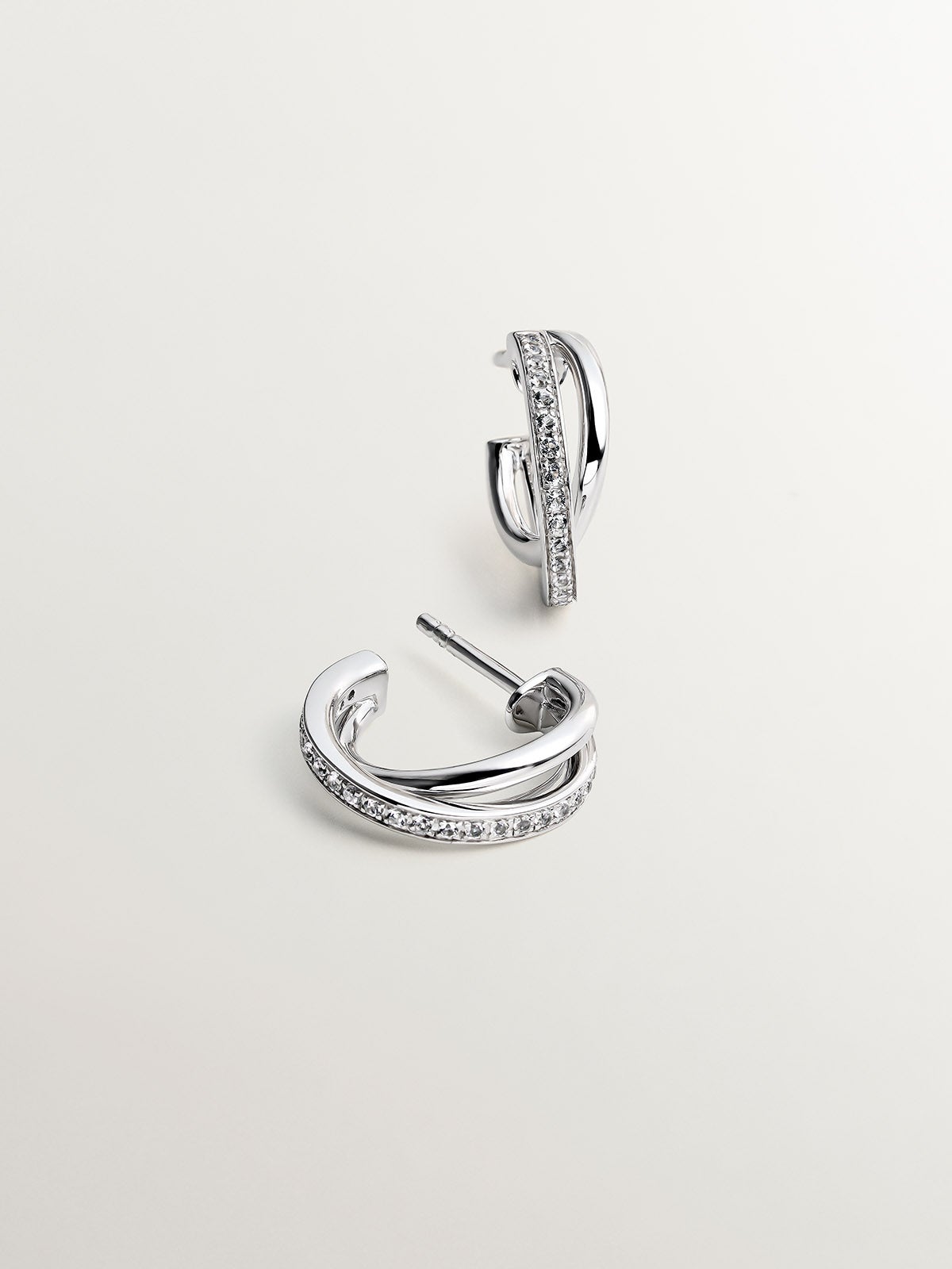 Pendientes de aro doble de plata 925 con topacios blancos