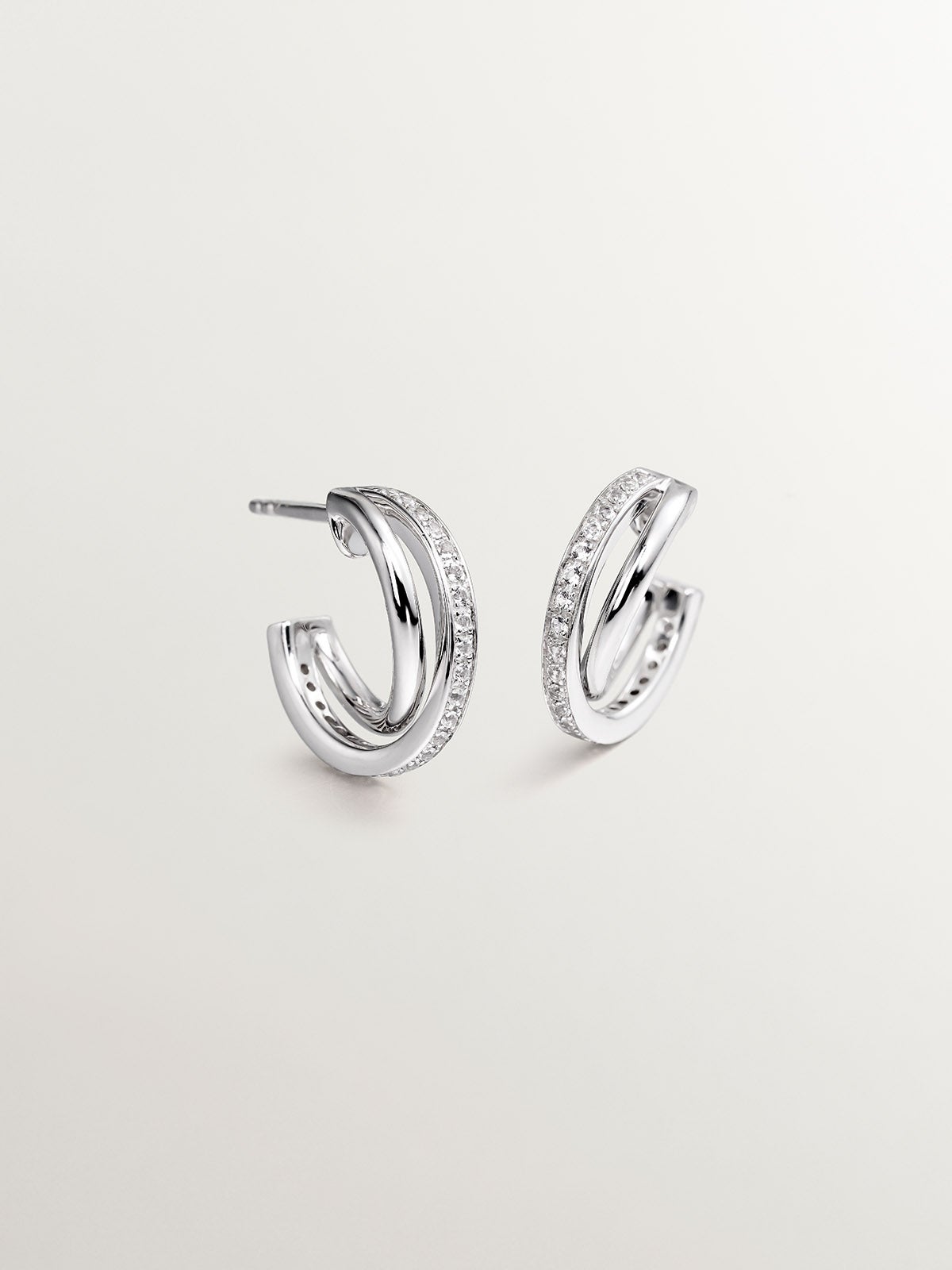 Pendientes de aro doble de plata 925 con topacios blancos