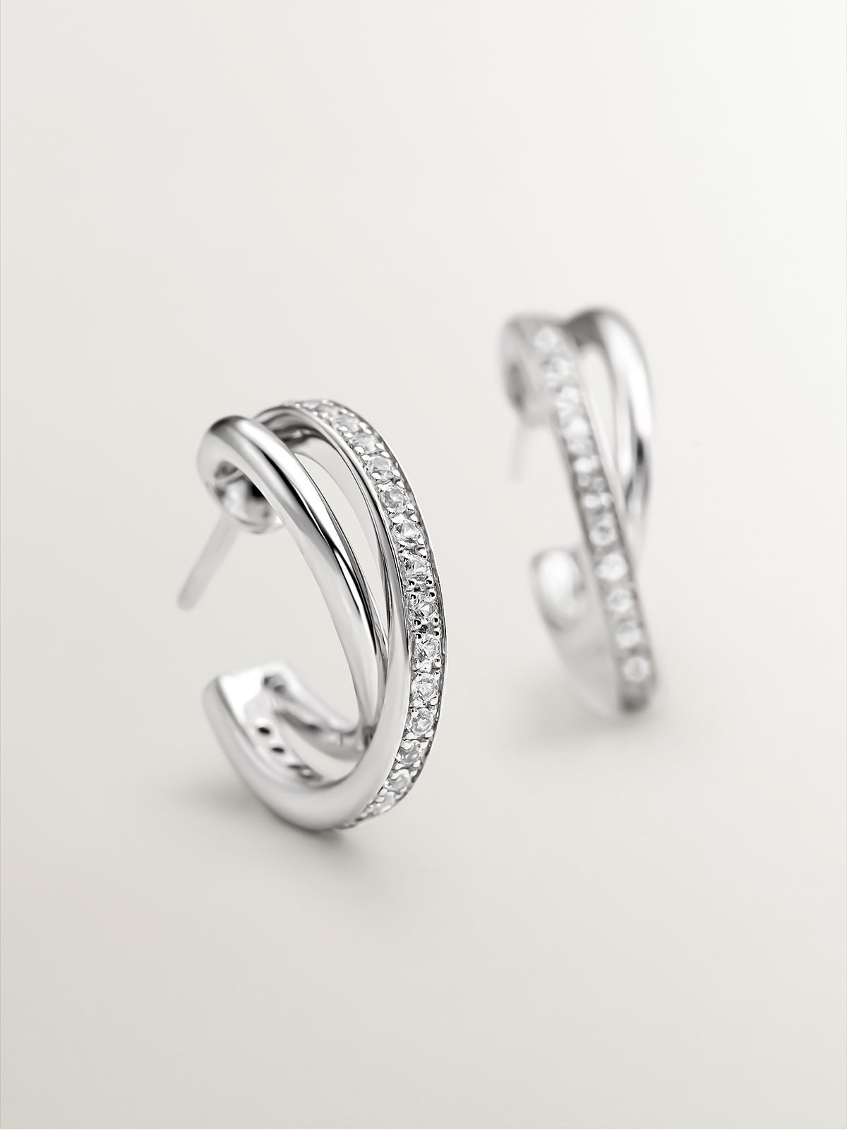 Pendientes de aro doble de plata 925 con topacios blancos