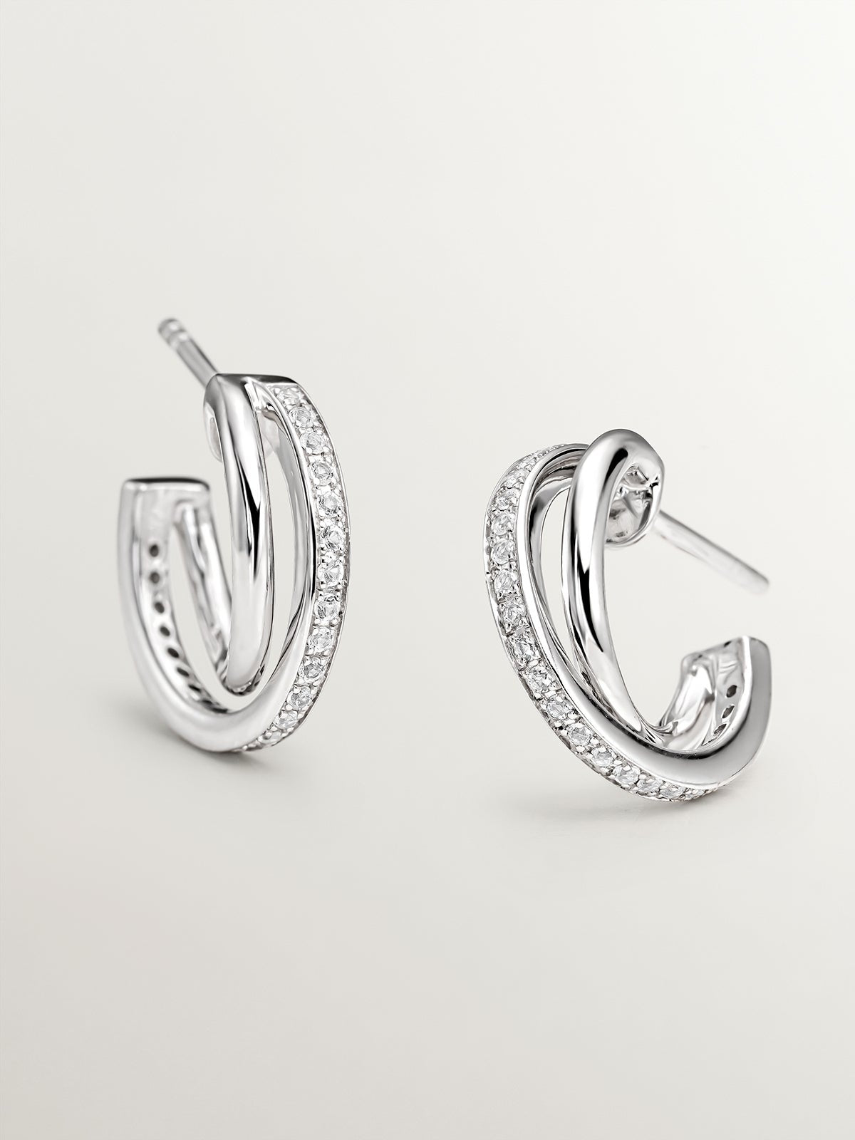 Pendientes de aro triple de plata 925 con topacios blancos
