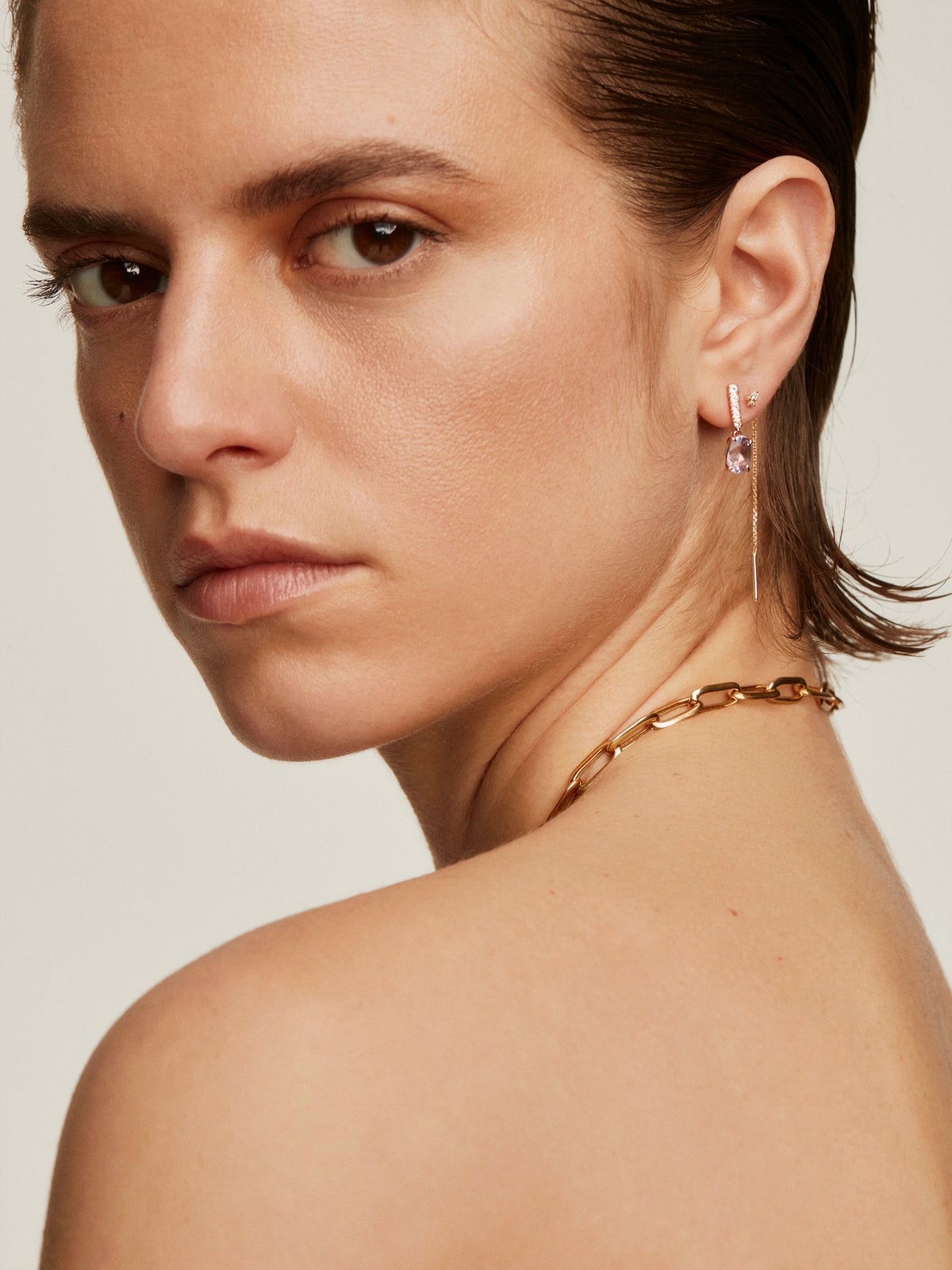 Pendientes de plata 925 bañada en oro rosa de 18K con amatista rosa y topacios blancos