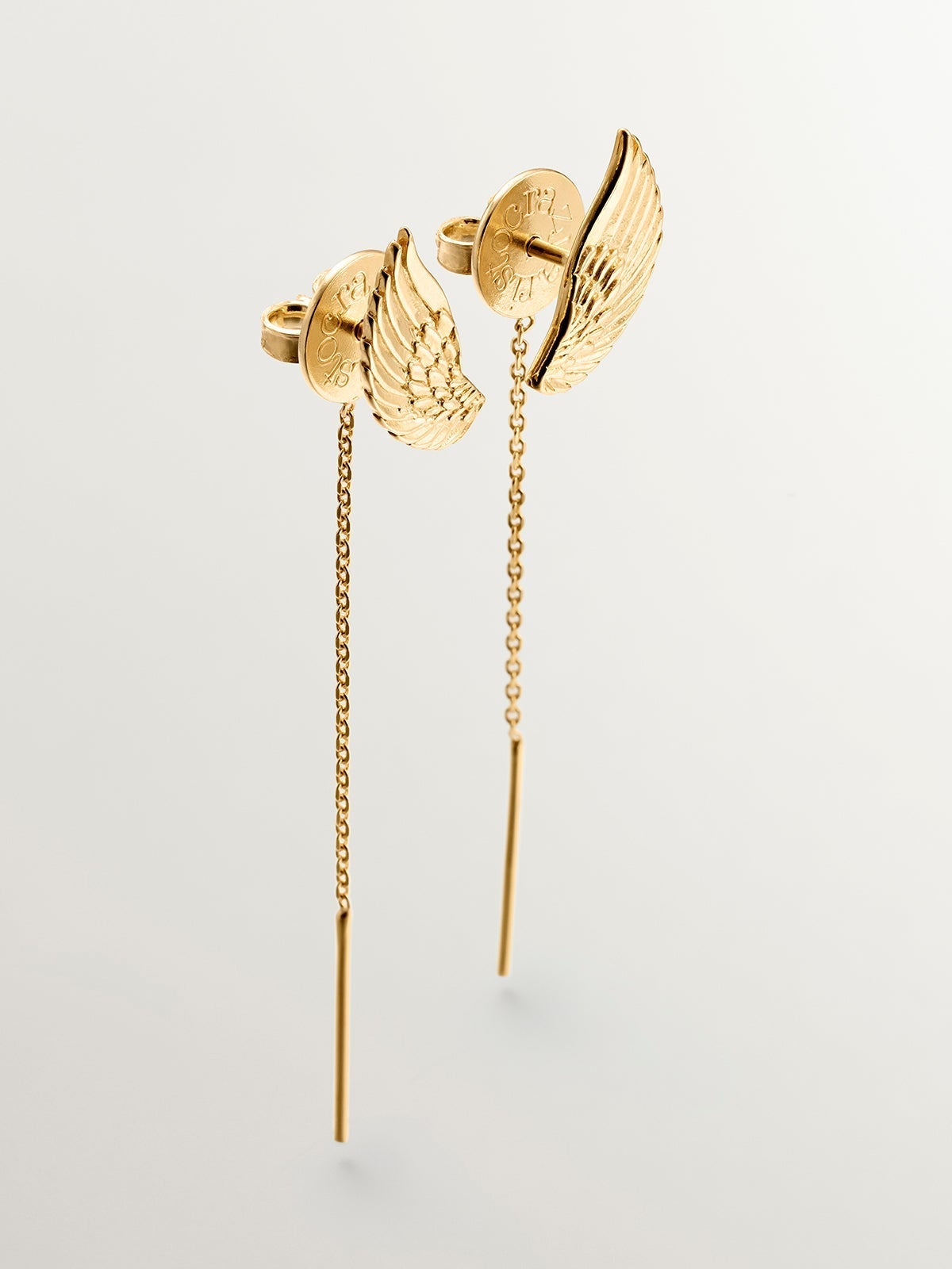Pendientes largos de plata 925 bañada en oro amarillo de 18K con alas