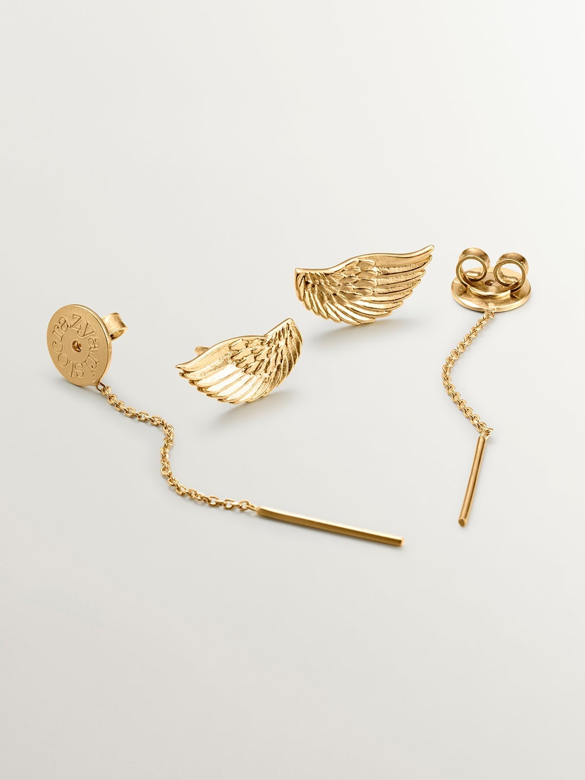 Pendientes largos de plata 925 bañada en oro amarillo de 18K con alas