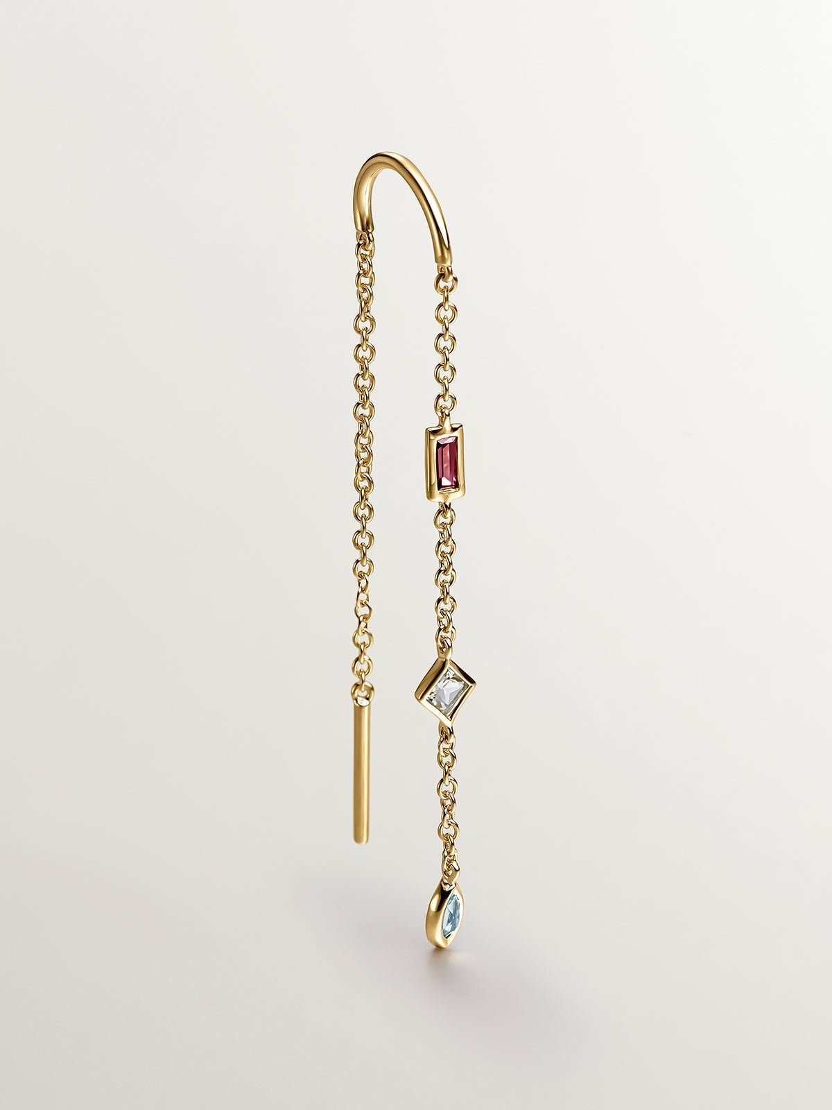 Pendiente individual de plata 925 bañada en oro amarillo de 18K con rodolita, cuarzo y topacio