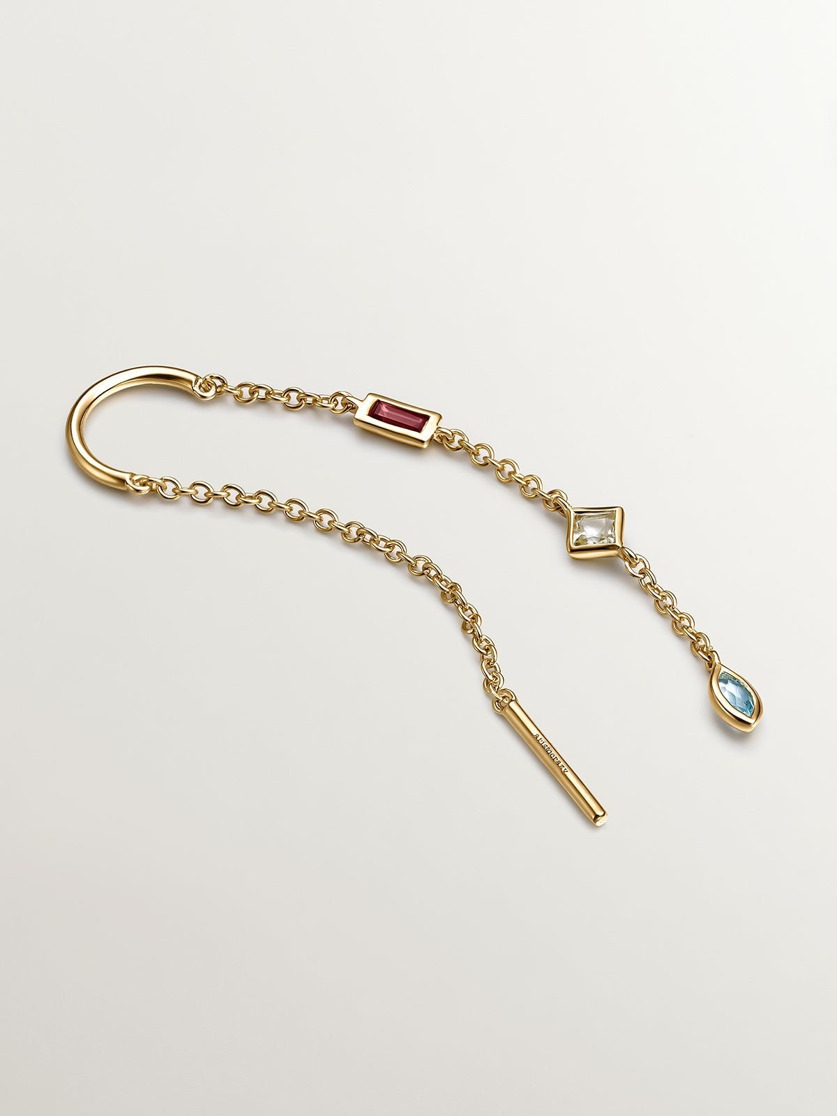 Pendiente individual de plata 925 bañada en oro amarillo de 18K con rodolita, cuarzo y topacio