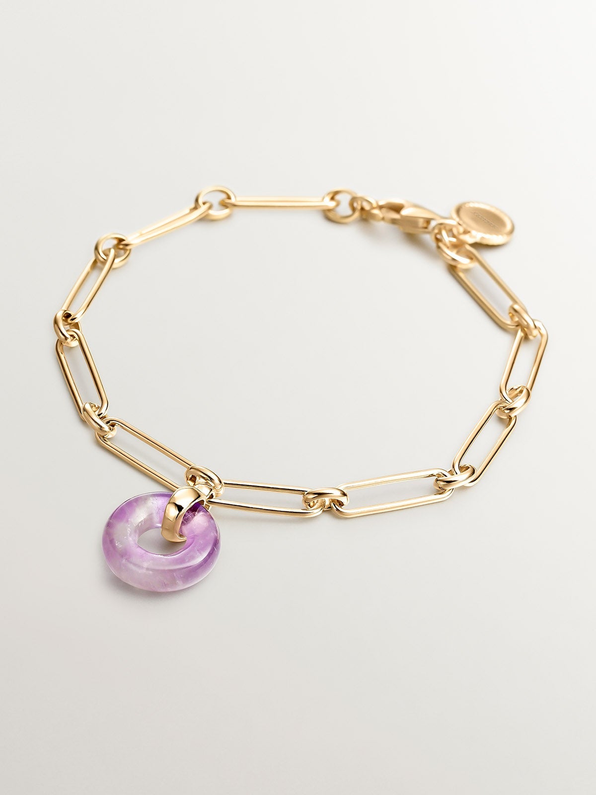 Pulsera de eslabones de plata 925 bañada en oro amarillo de 18K con amatista morada