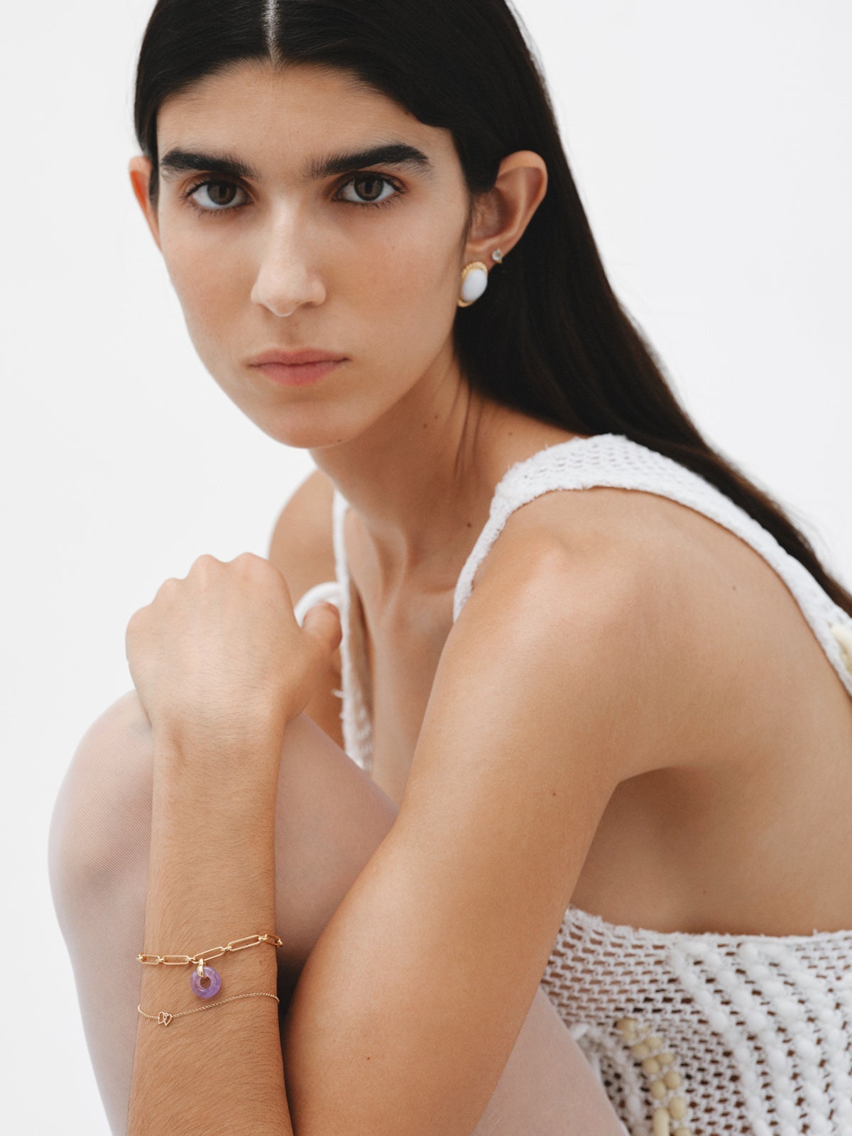 Pulsera de eslabones de plata 925 bañada en oro amarillo de 18K con amatista morada