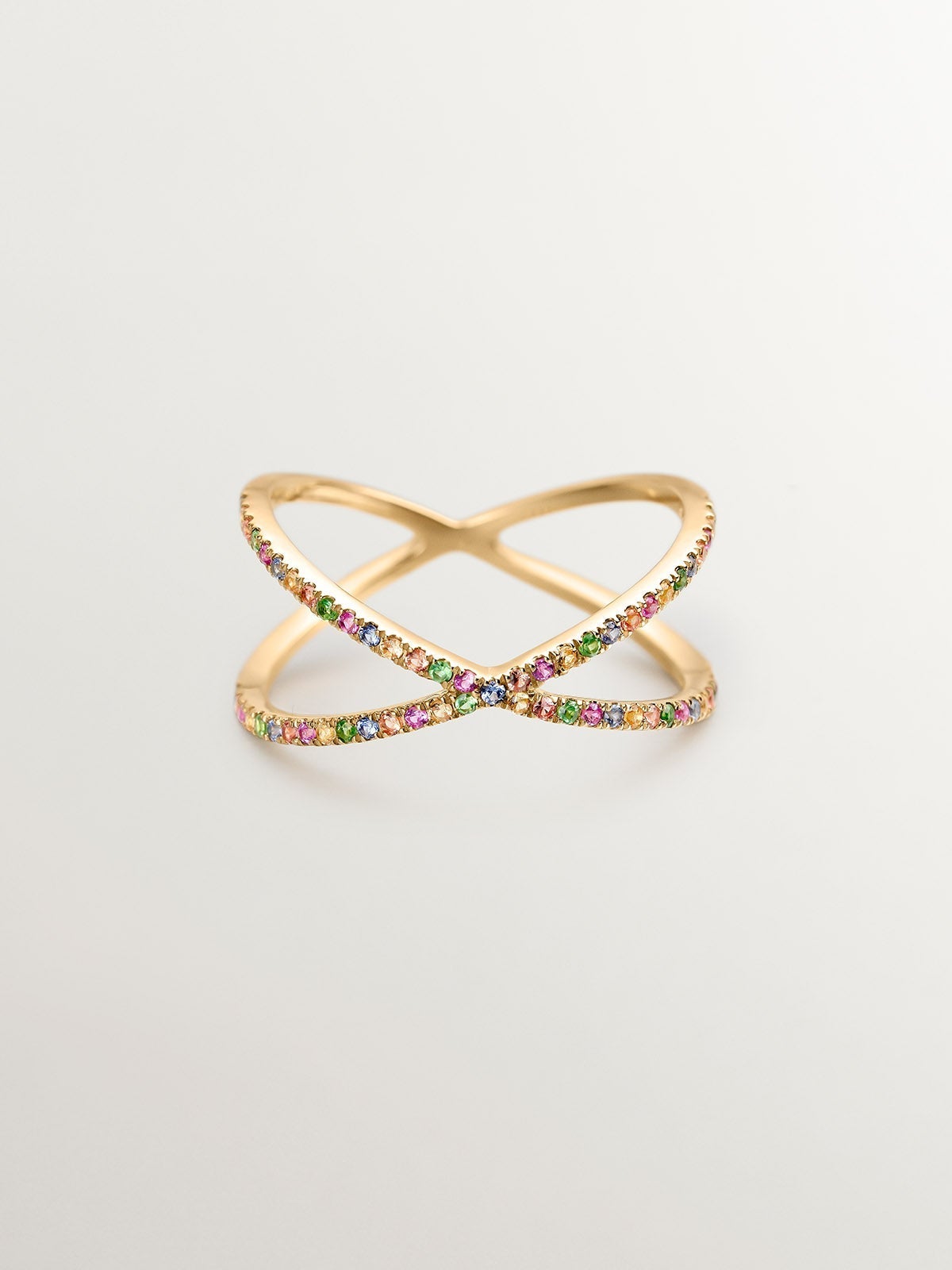 Anillo doble cruzado de oro amarillo de 9K con tsavoritas y zafiros multicolor