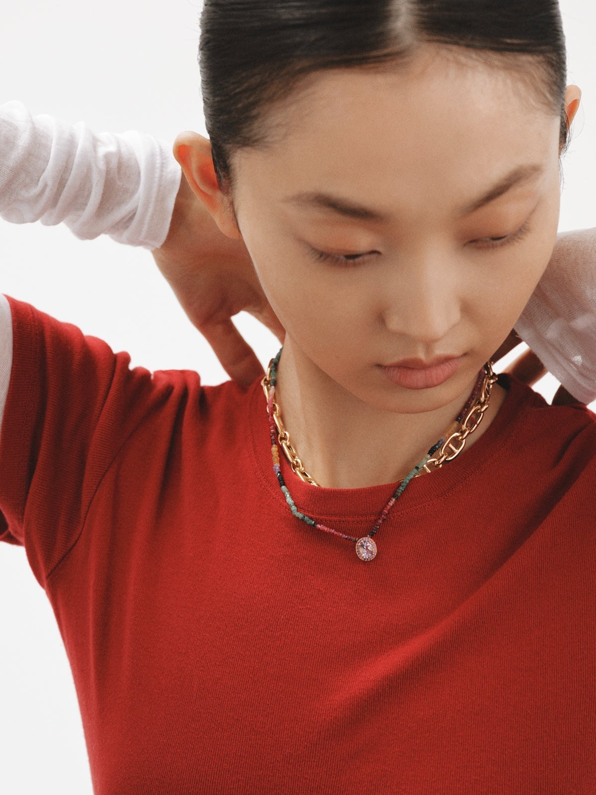 Collar de plata 925 bañada en oro amarillo de 18K con zafiros multicolor, rodolita rosa y amatista morada