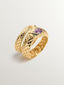 Anillo ancho de plata 925 bañada en oro amarillo de 18K con forma de serpiente y amatista morada y tsavoritas verdes