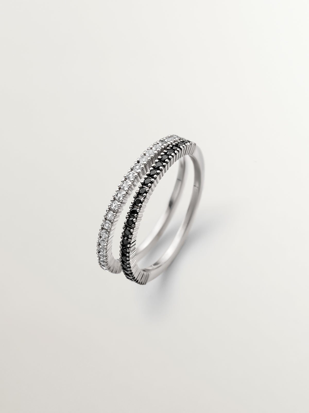 Anillo doble de plata 925 con espinelas negras y topacios blancos