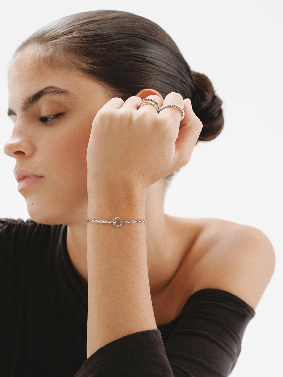 Pulsera de eslabones forza de plata 925 con aro de topacios blancos