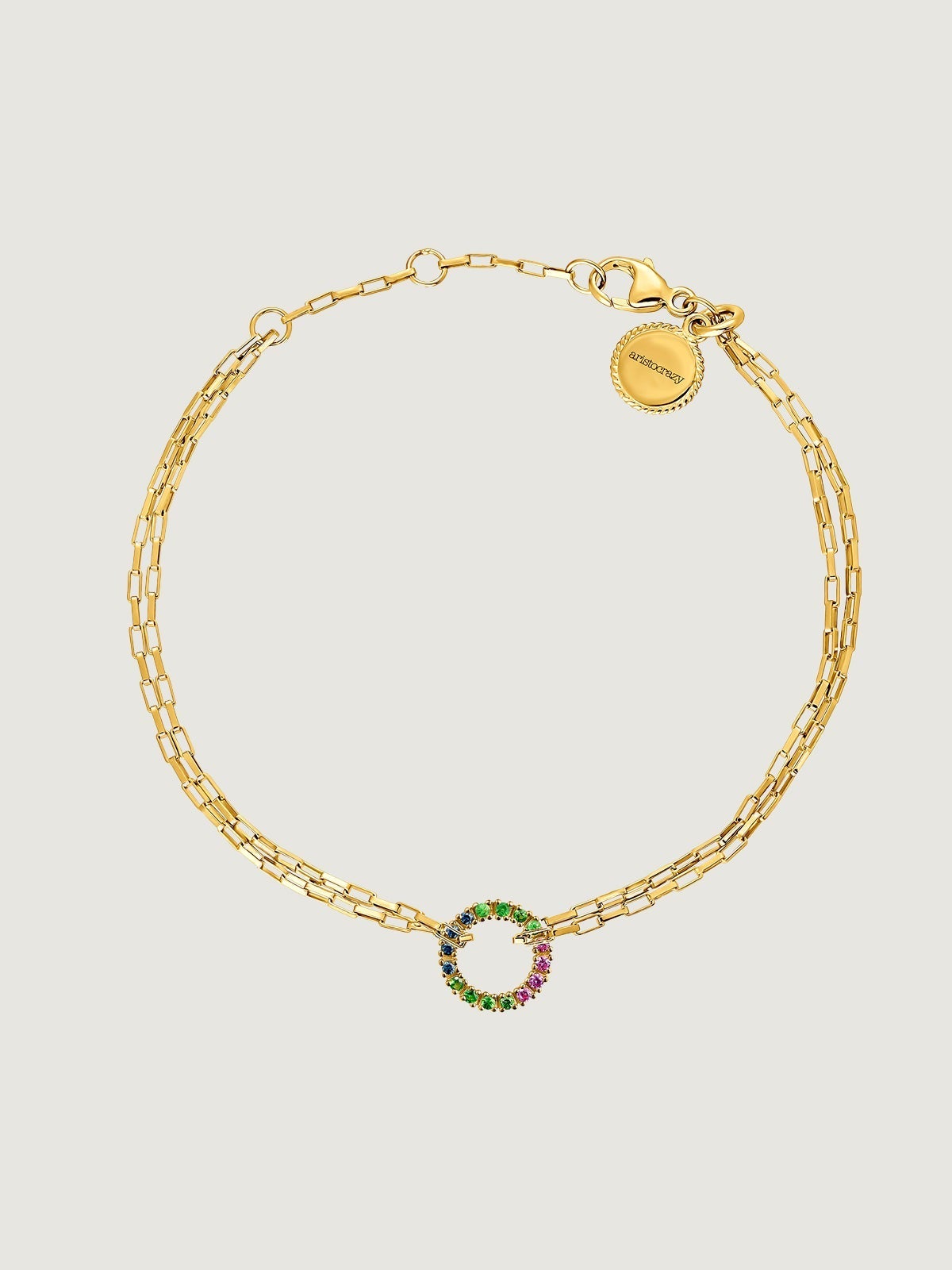 Pulsera de eslabones forza de plata 925 bañada en oro amarillo de 18K con aro de piedras multicolor