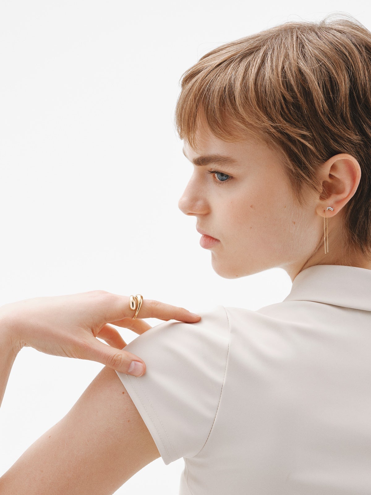 Anillo Tú y Yo de plata 925 bañada en oro amarillo de 18K con forma de espiral abombada