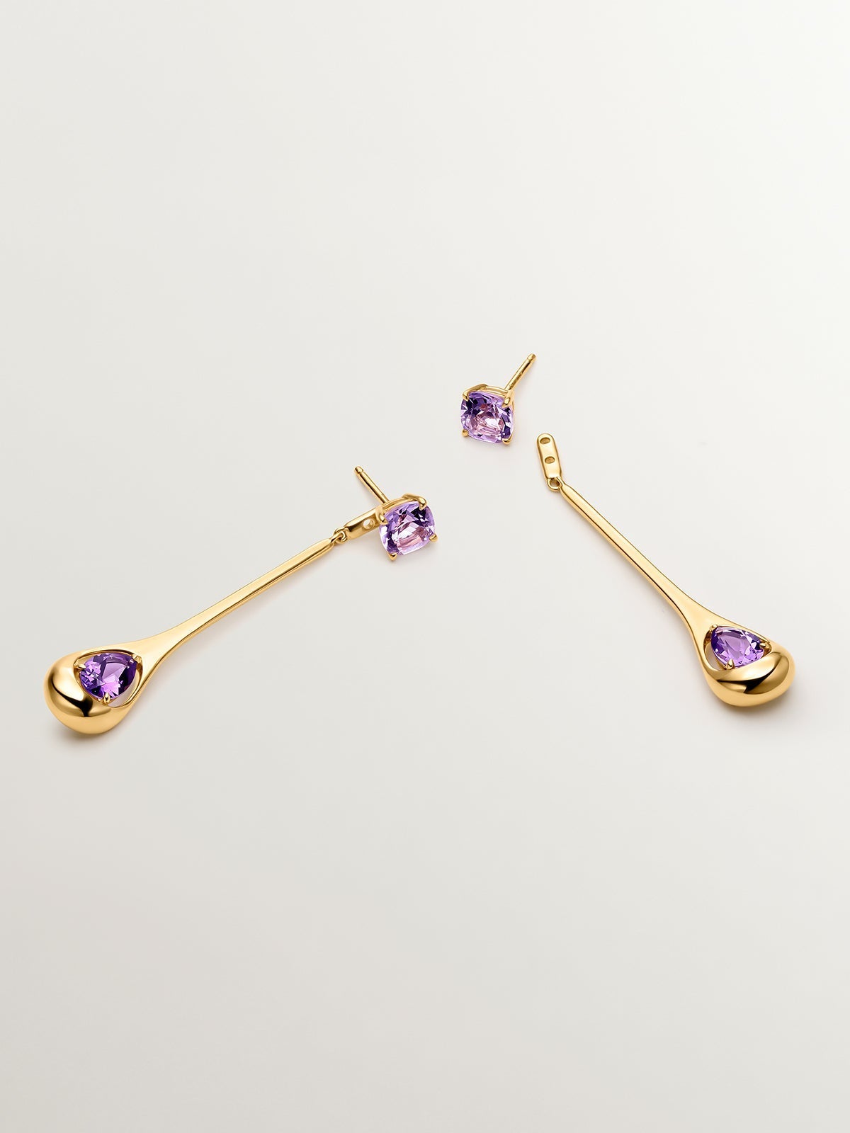 Pendientes largos de plata 925 con amatistas rosas y moradas