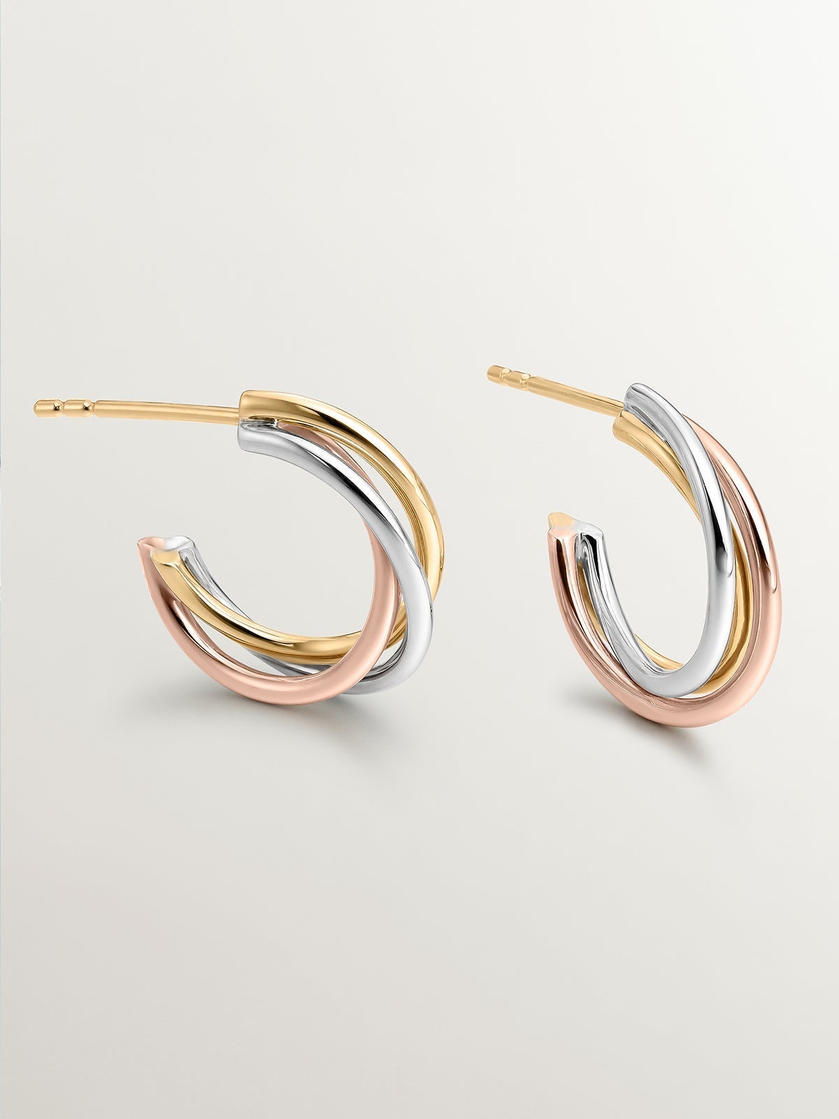 Pendientes de aro triples de oro blanco, amarillo y rosa de 9K