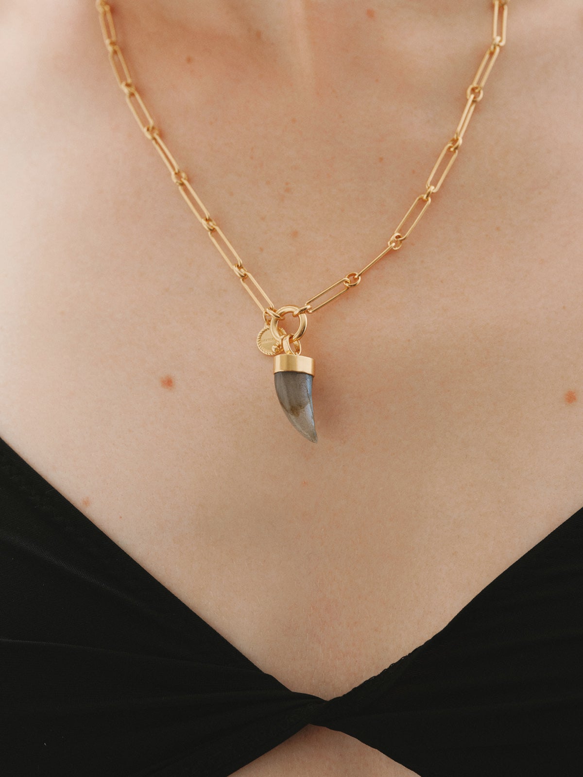 Charm de plata 925 bañada en oro de 18K con labradorita en forma de colmillo