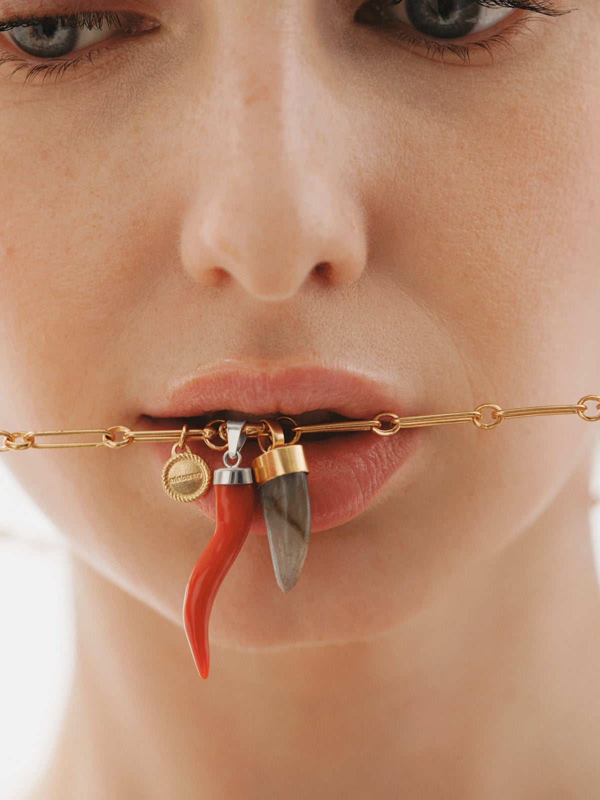 Charm de plata 925 bañada en oro de 18K con labradorita en forma de colmillo