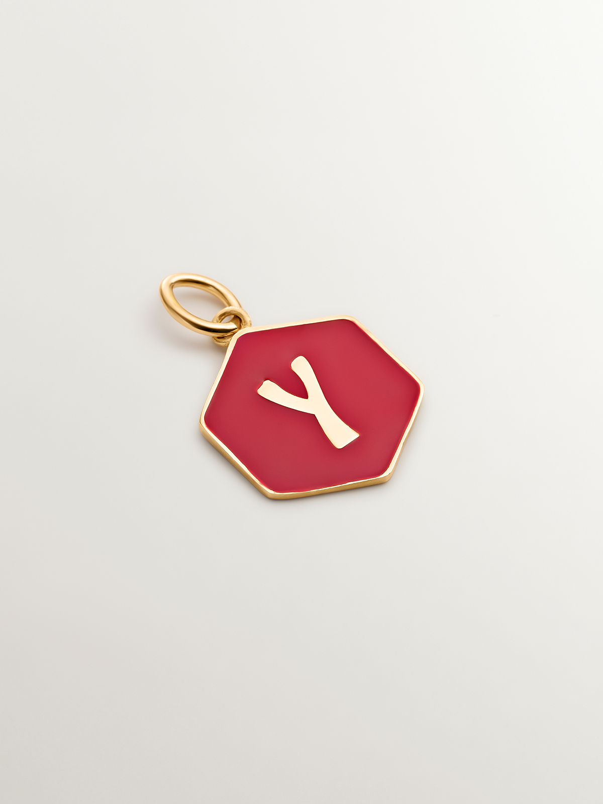 18K yellow gold plated 925 sterling silver charm with Y initial and red enamel with hexagonal shape