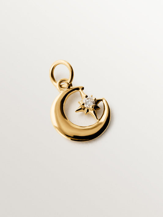 Charm de oro amarillo de 14K con diamante y en forma de luna