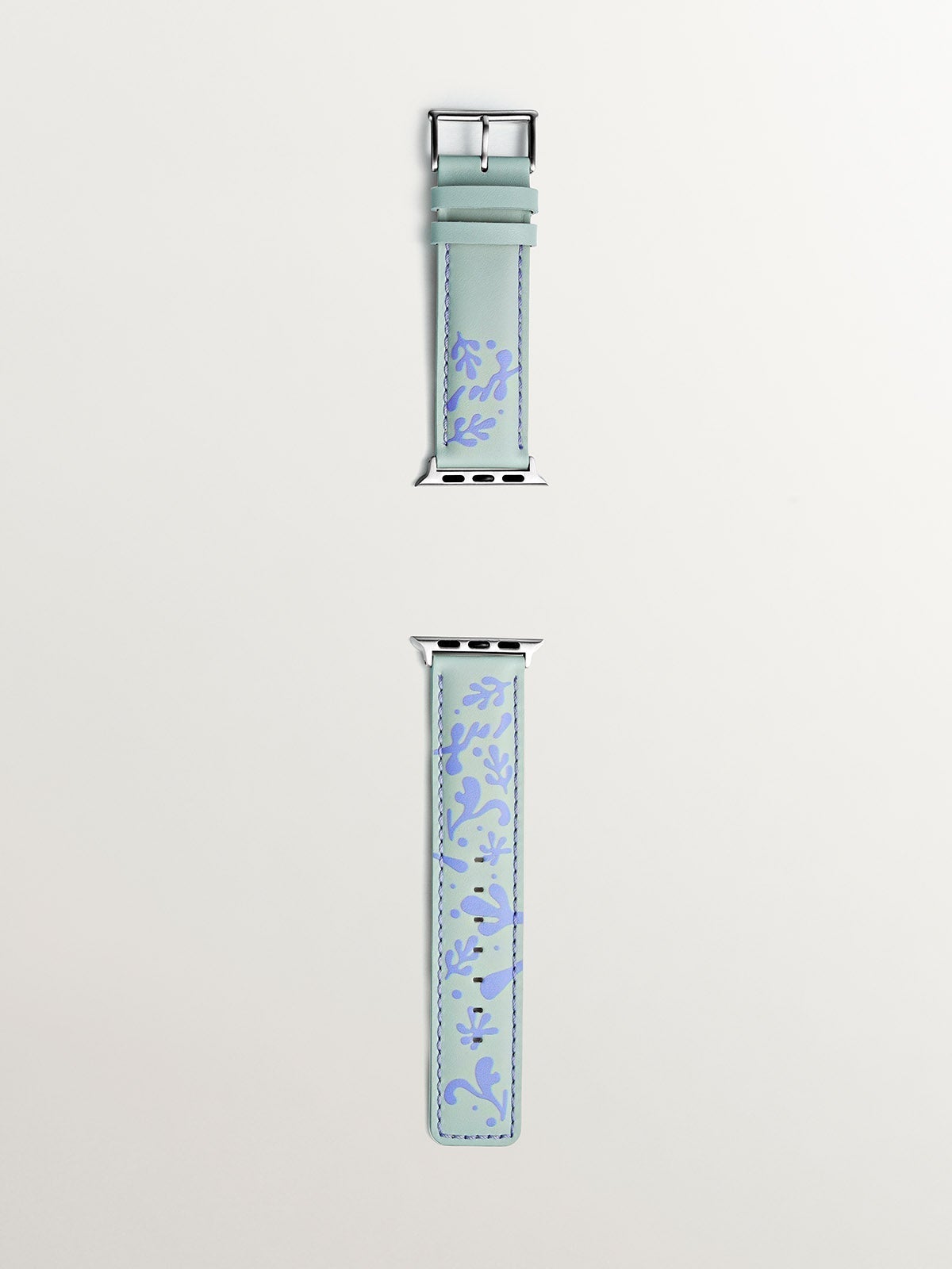 Correa para Apple Watch de cuero verde y lila con estampado floral