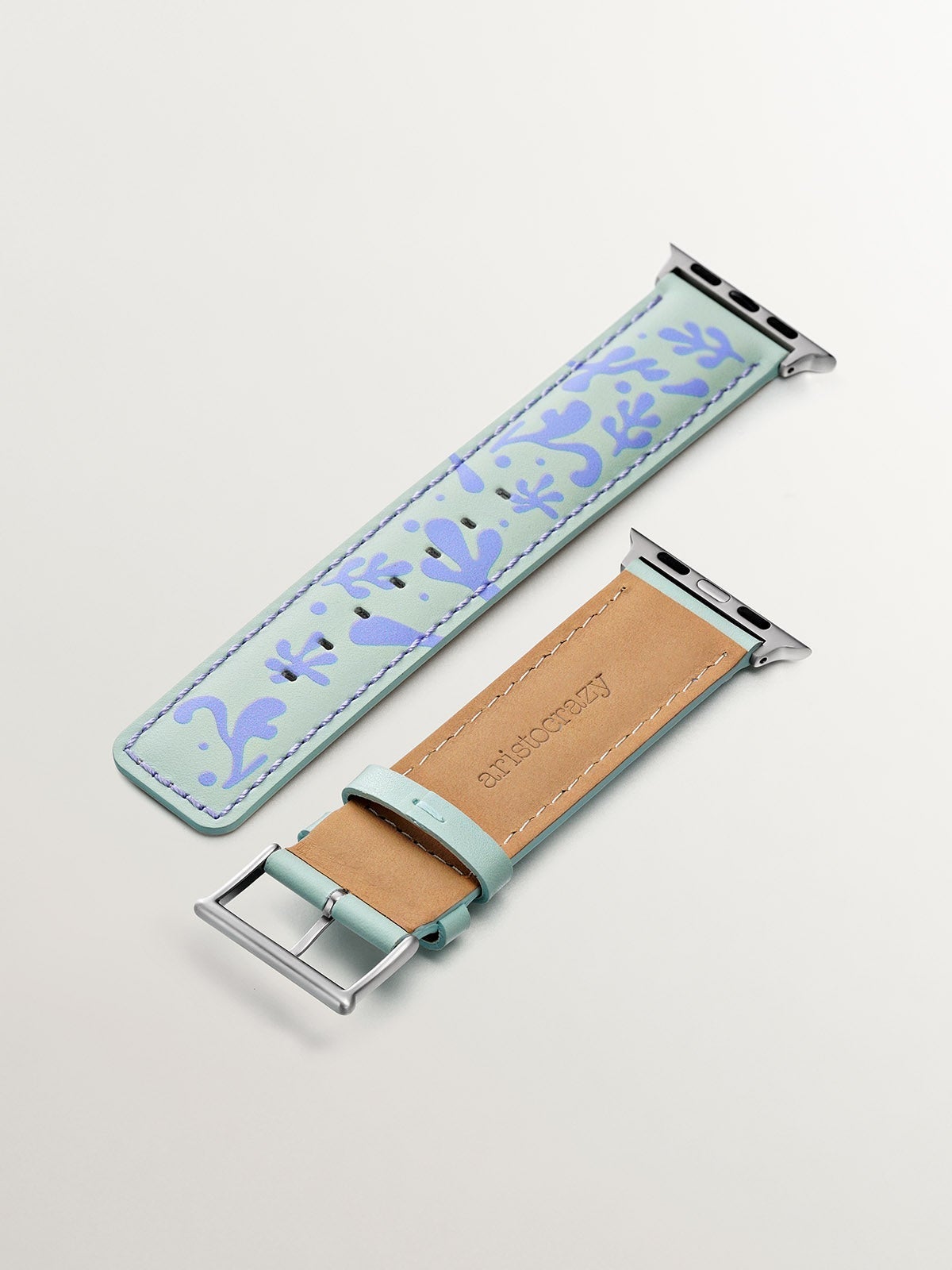 Correa para Apple Watch de cuero verde y lila con estampado floral