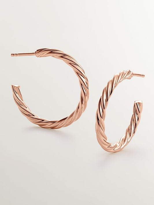 Pendientes de aro grandes de plata 925 bañada en oro rosa de 18K con textura gallonada