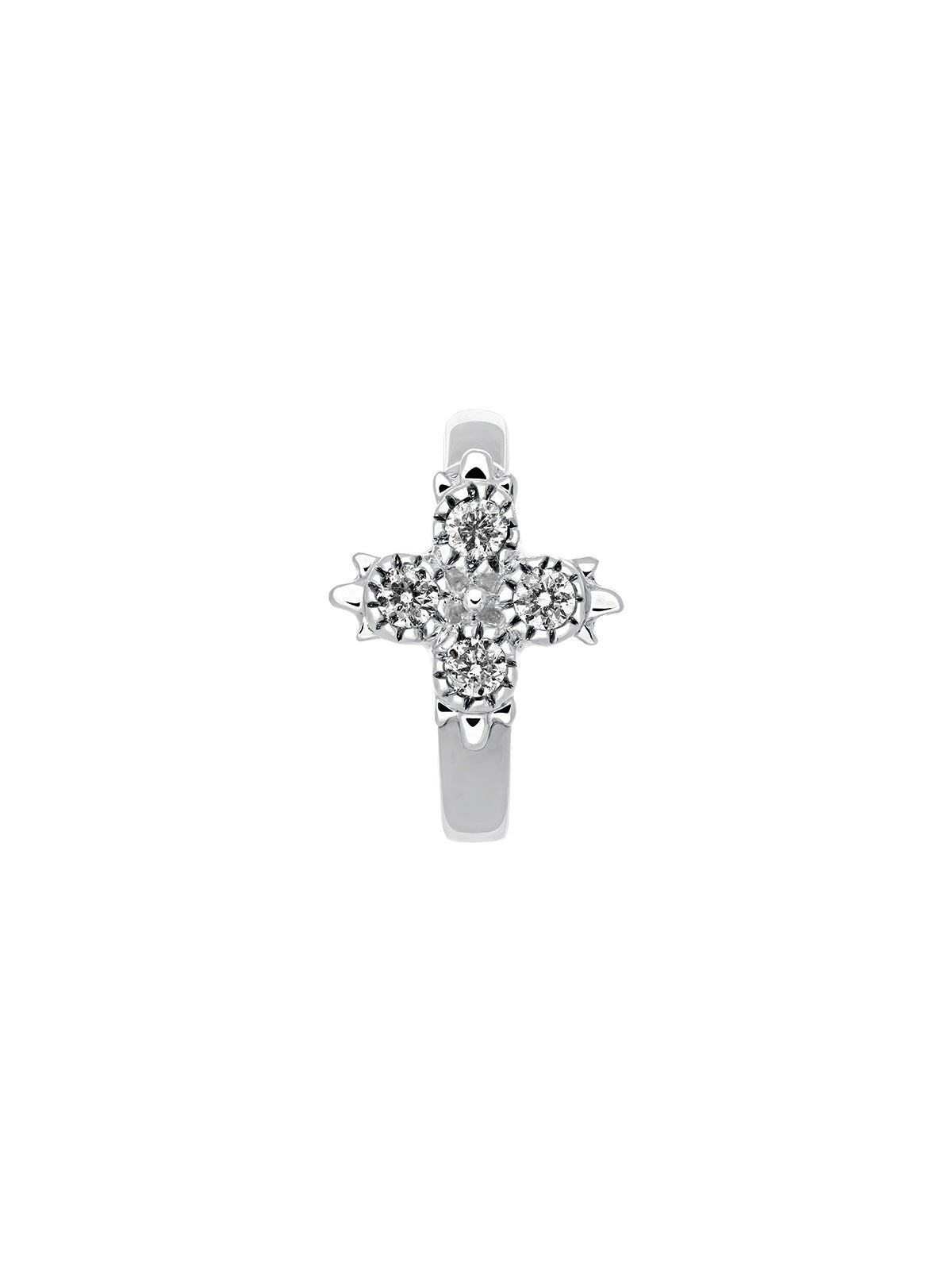Pendiente pequeño individual de aro de oro blanco de 18K con cruz de diamantes