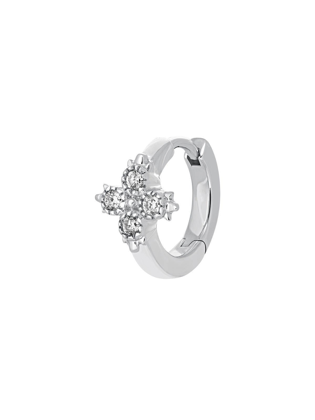 Pendiente pequeño individual de aro de oro blanco de 18K con cruz de diamantes
