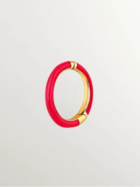 Pendiente individual de aro pequeño de oro amarillo de 9K con esmalte rojo