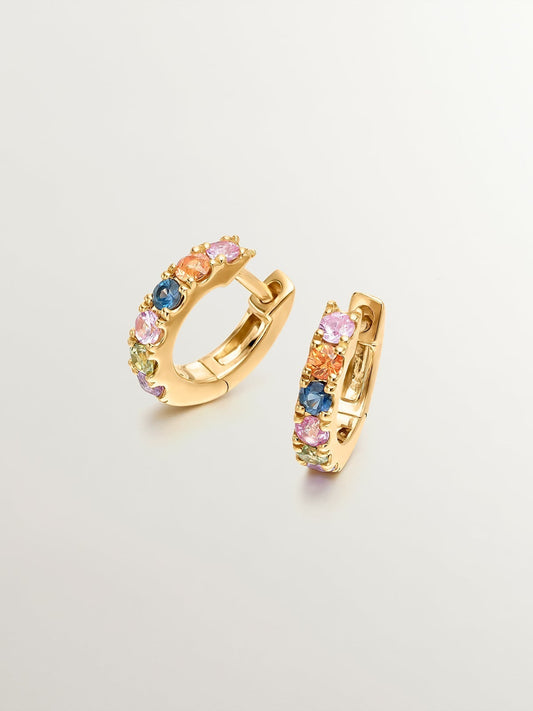 Pendientes de aro pequeños de plata 925 bañada en oro amarillo de 18K con zafiros multicolor