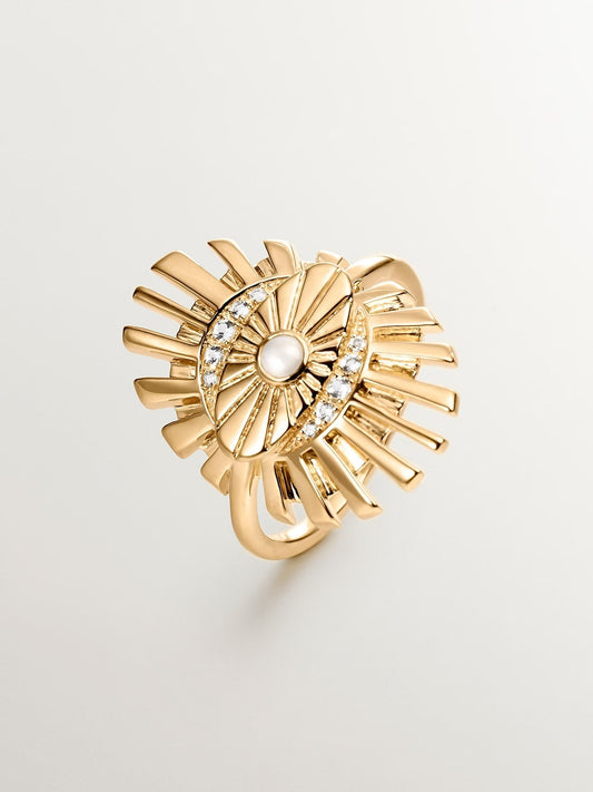 Anillo de plata 925 bañada en oro amarillo de 18K con ojo, topacio y piedra luna