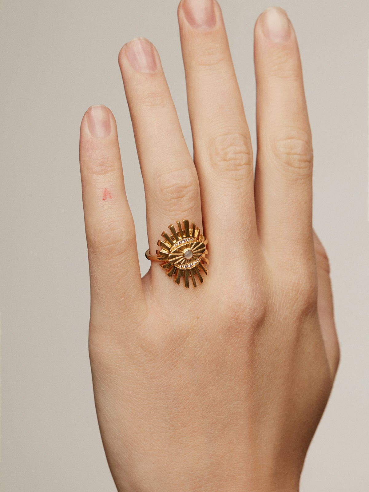 Anillo de plata 925 bañada en oro amarillo de 18K con ojo, topacio y piedra luna