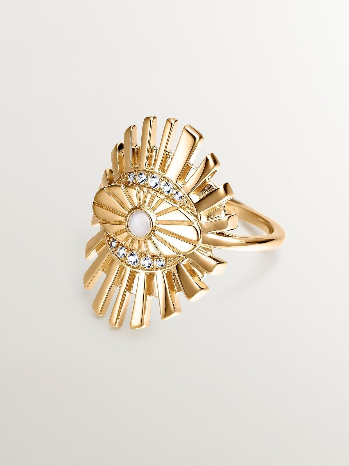 Anillo de plata 925 bañada en oro amarillo de 18K con ojo, topacio y piedra luna