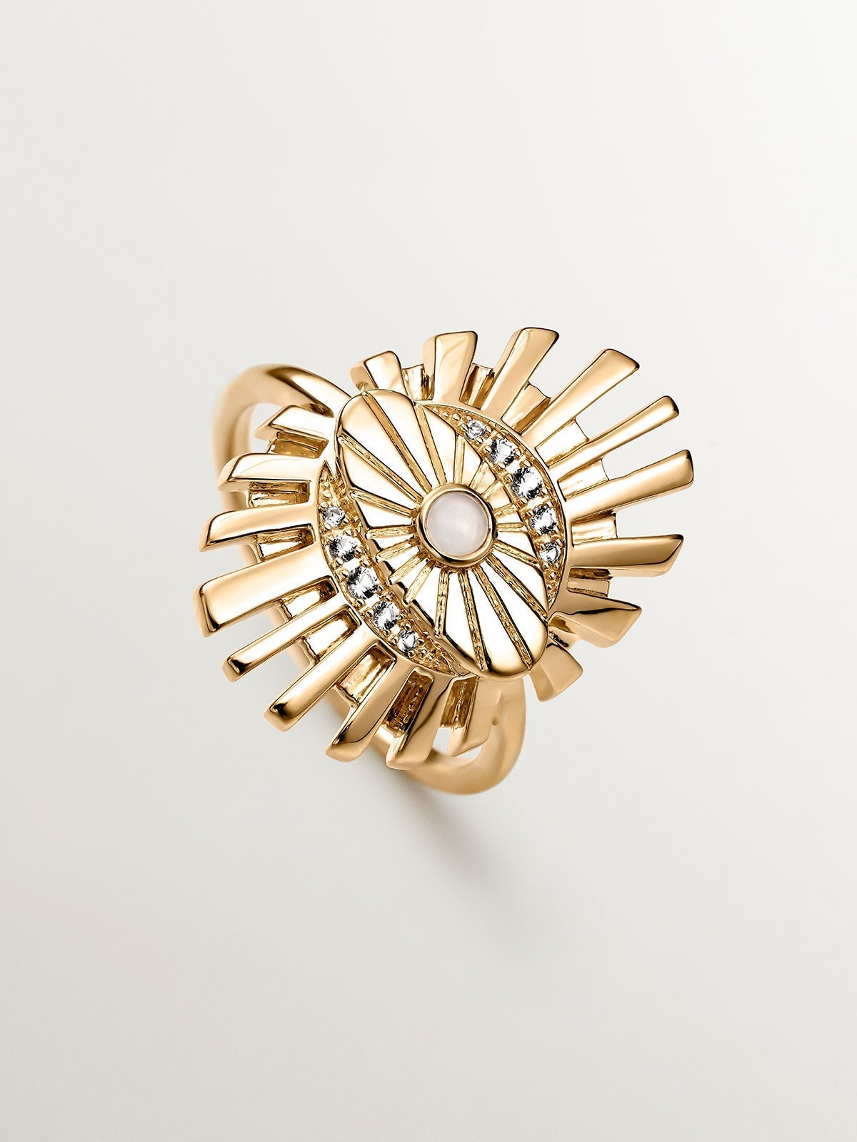 Anillo de plata 925 bañada en oro amarillo de 18K con ojo, topacio y piedra luna