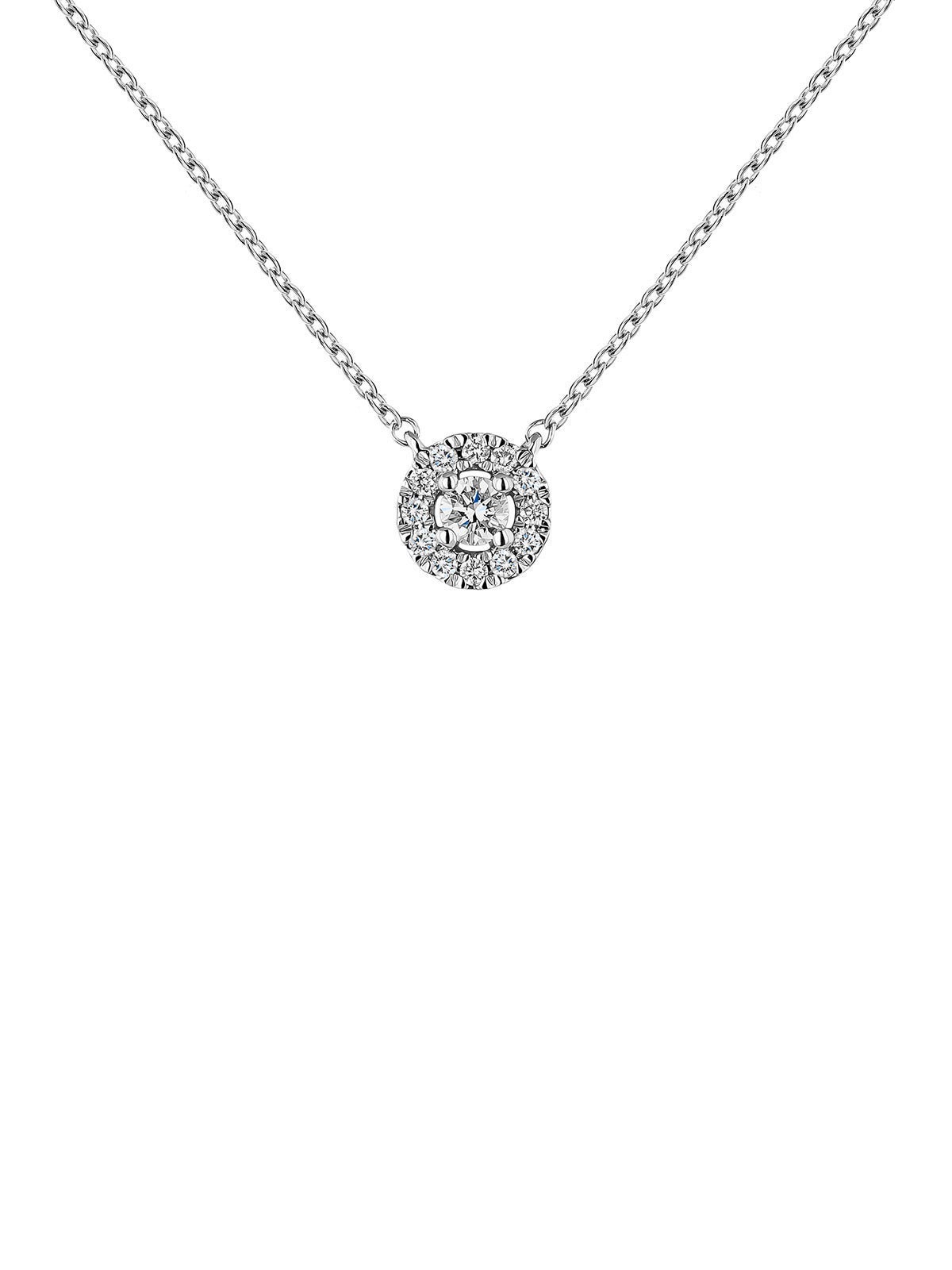 Colgante de oro blanco de 18K con diamante central de 0,05cts y orla de diamantes
