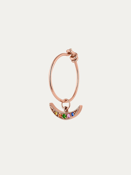 Pendiente individual de aro de oro rosa de 9K con luna de zafiros multicolor
