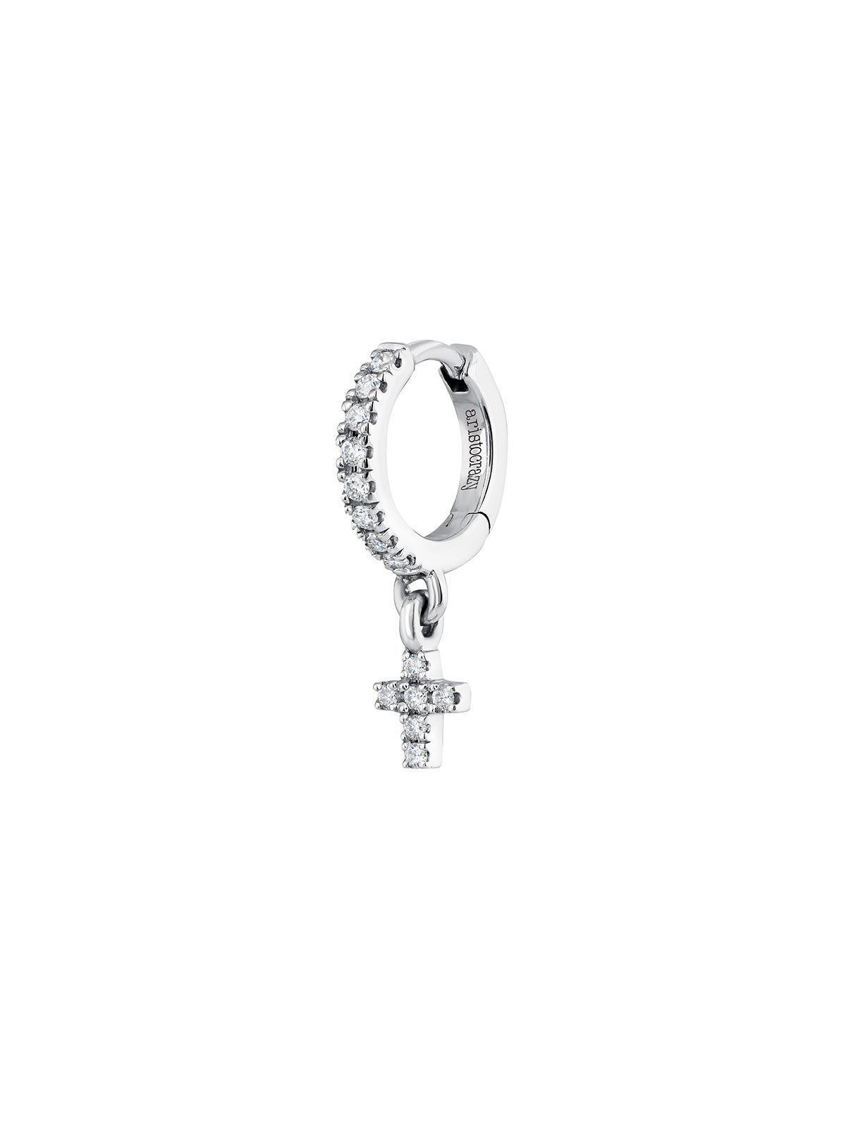 Pendiente individual de oro blanco de 18K con cruz y diamantes 0,06 cts