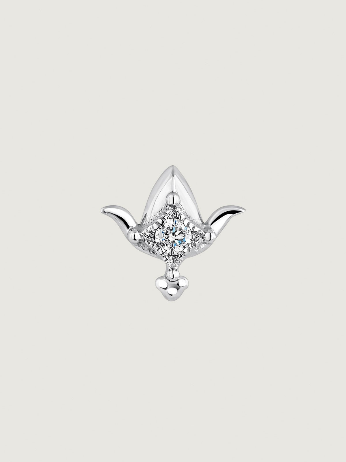 Pendiente individual de oro blanco de 9K con diamantes con forma de flor de loto