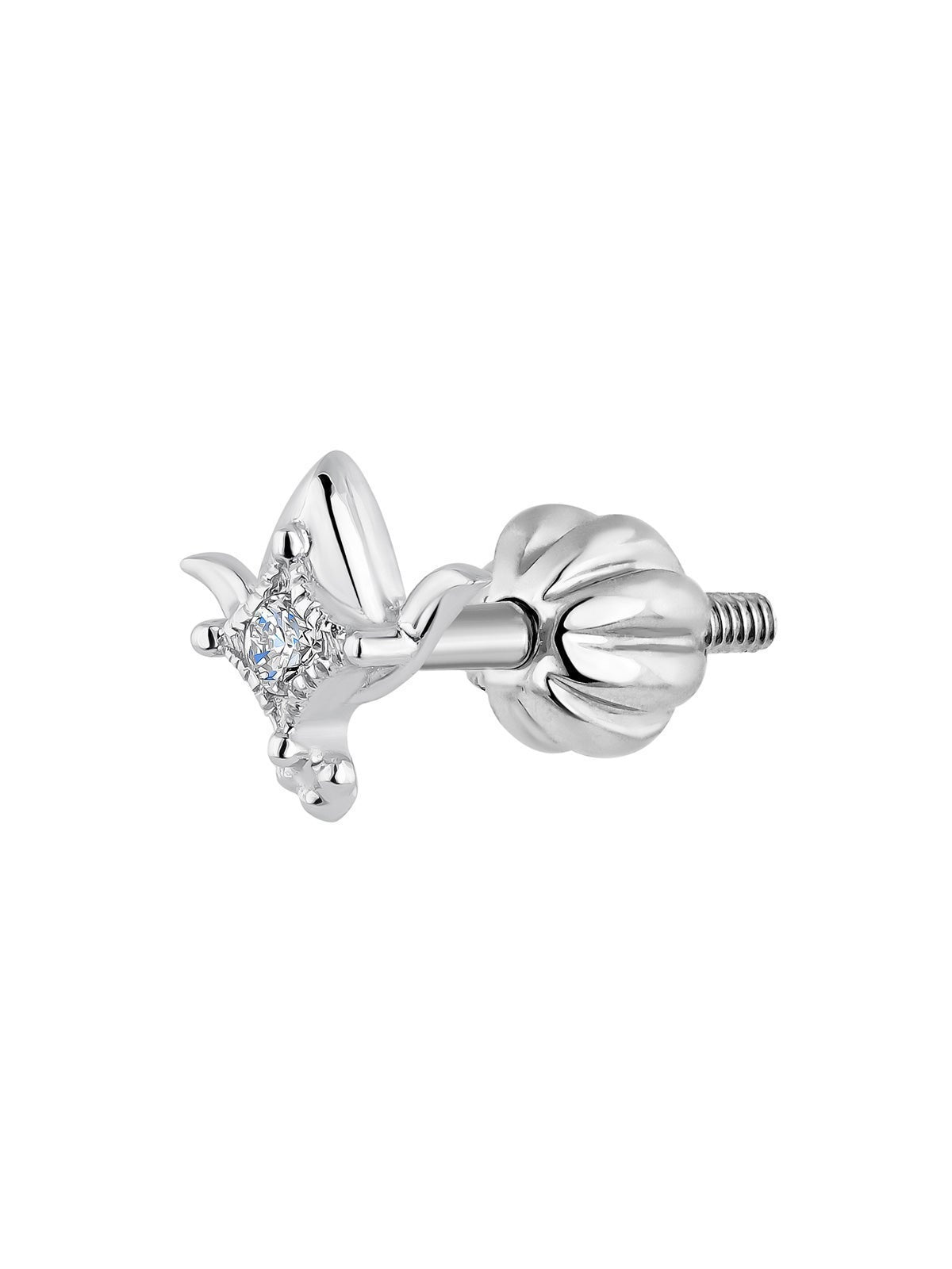 Pendiente individual de oro blanco de 9K con diamantes con forma de flor de loto