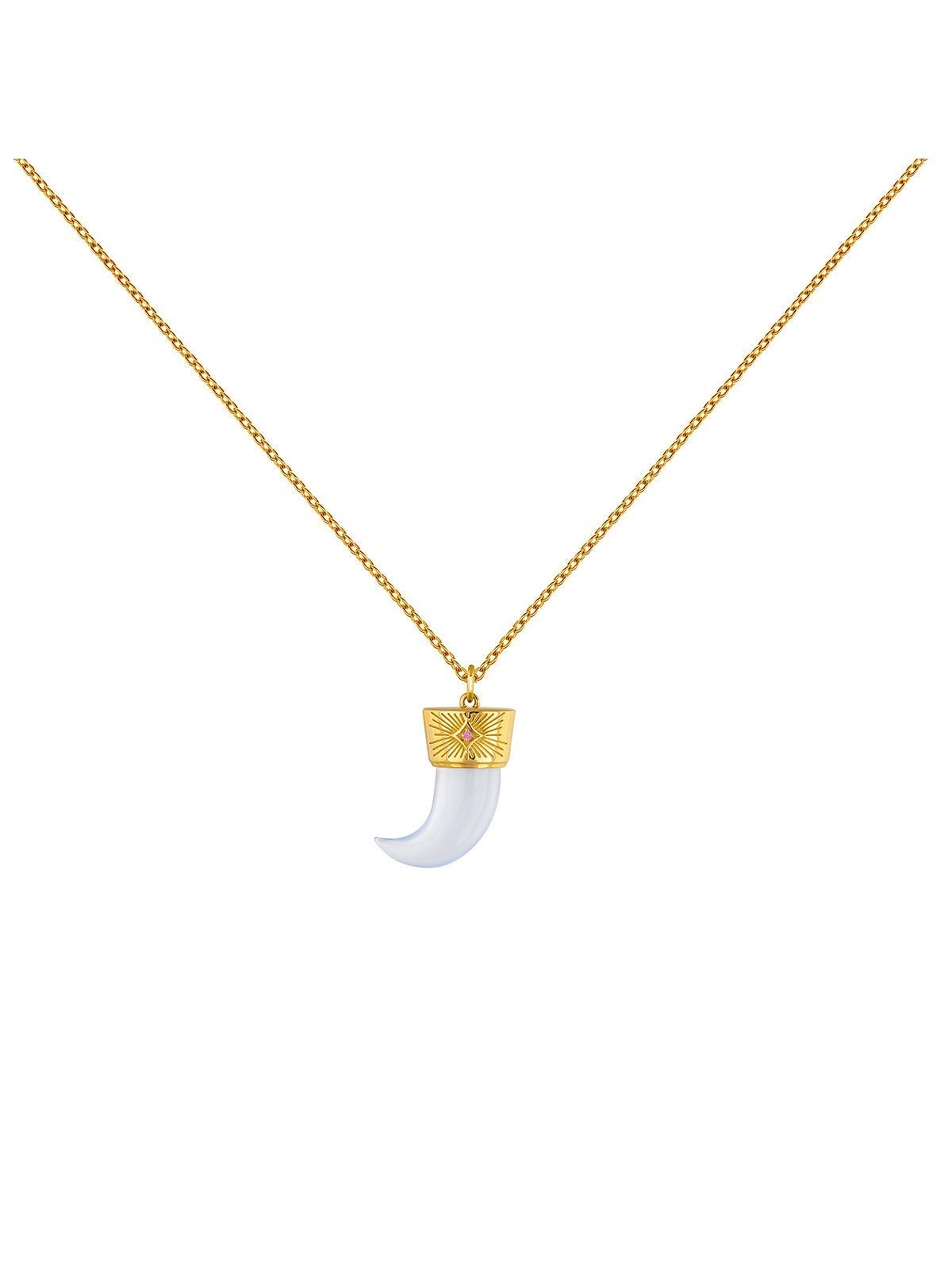 Colgante de plata 925 bañada en oro amarillo de 18K con colmillo de calcedonia azul y rodolita