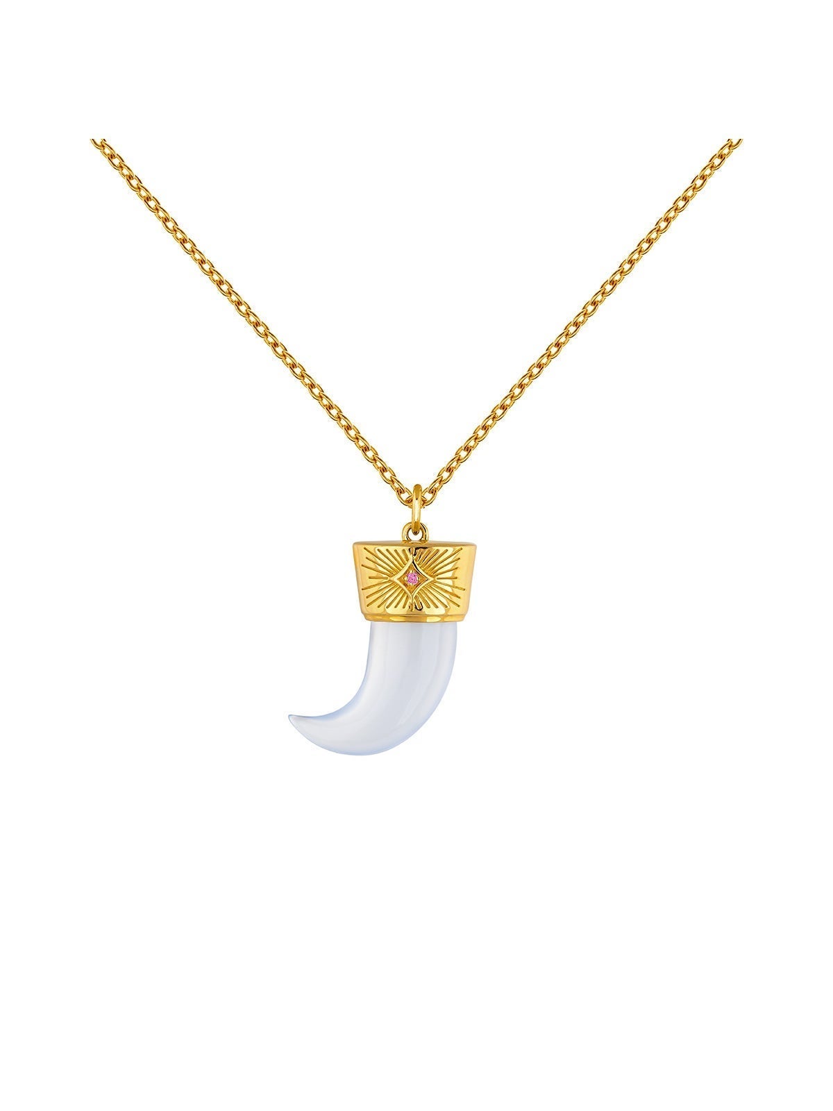 Colgante de plata 925 bañada en oro amarillo de 18K con colmillo de calcedonia azul y rodolita