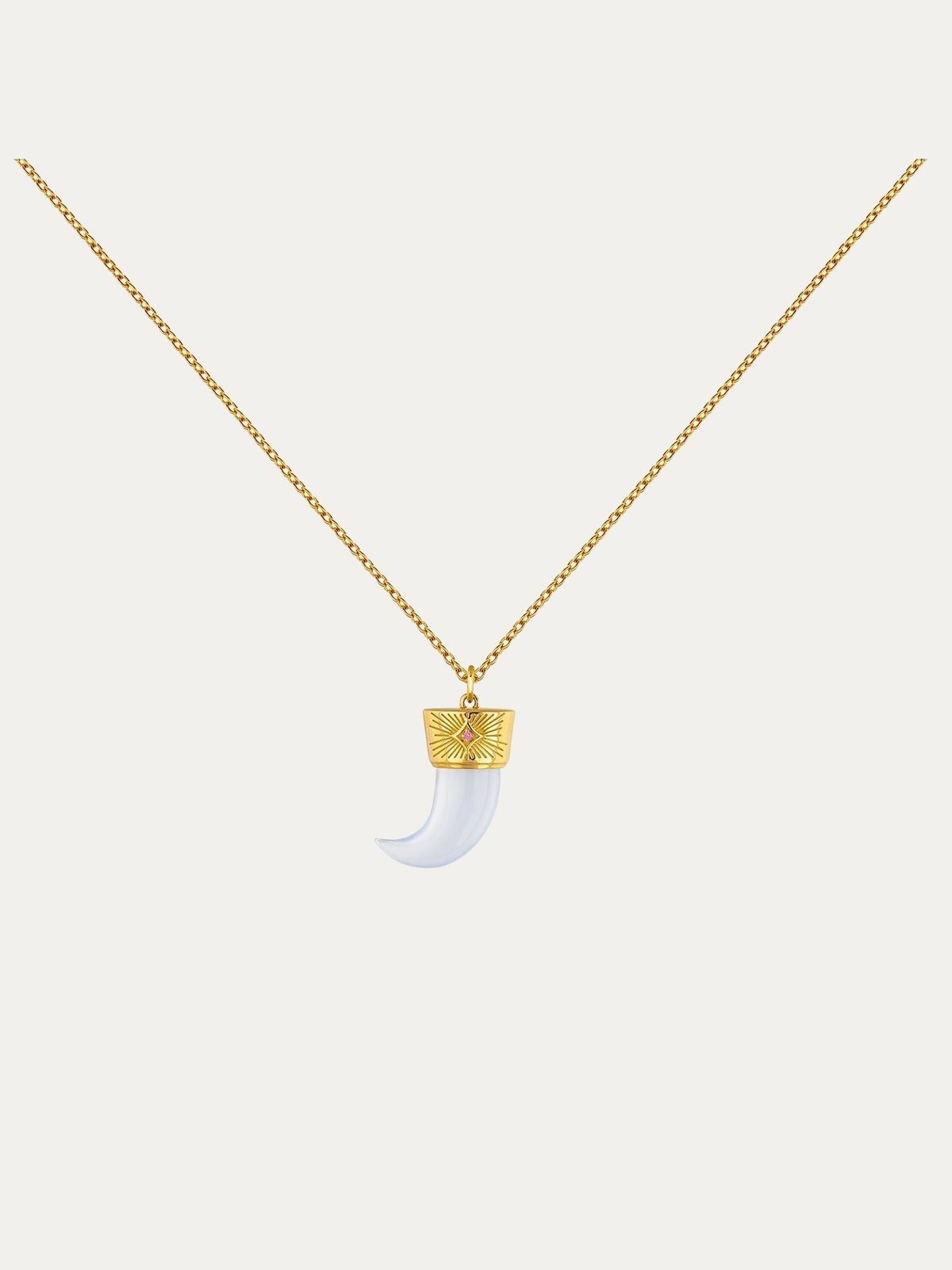 Colgante de plata 925 bañada en oro amarillo de 18K con colmillo de calcedonia azul y rodolita