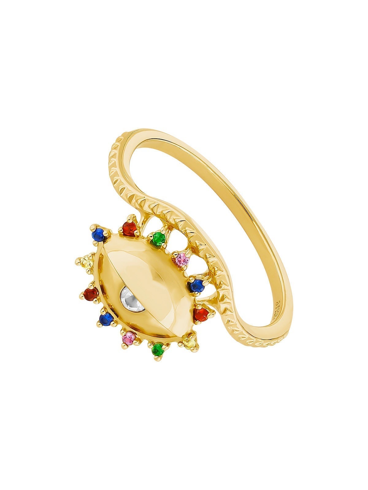 Anillo de plata 925 bañada en oro amarillo de 18K con topacio blanco, tsavoritas verdes, rodolitas moradas, granates rojos y zafiros azules y amarillos