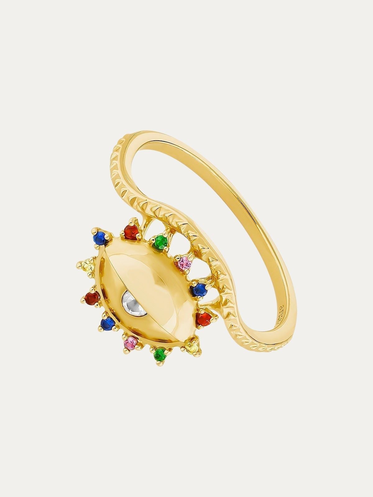 Anillo de plata 925 bañada en oro amarillo de 18K con topacio blanco, tsavoritas verdes, rodolitas moradas, granates rojos y zafiros azules y amarillos