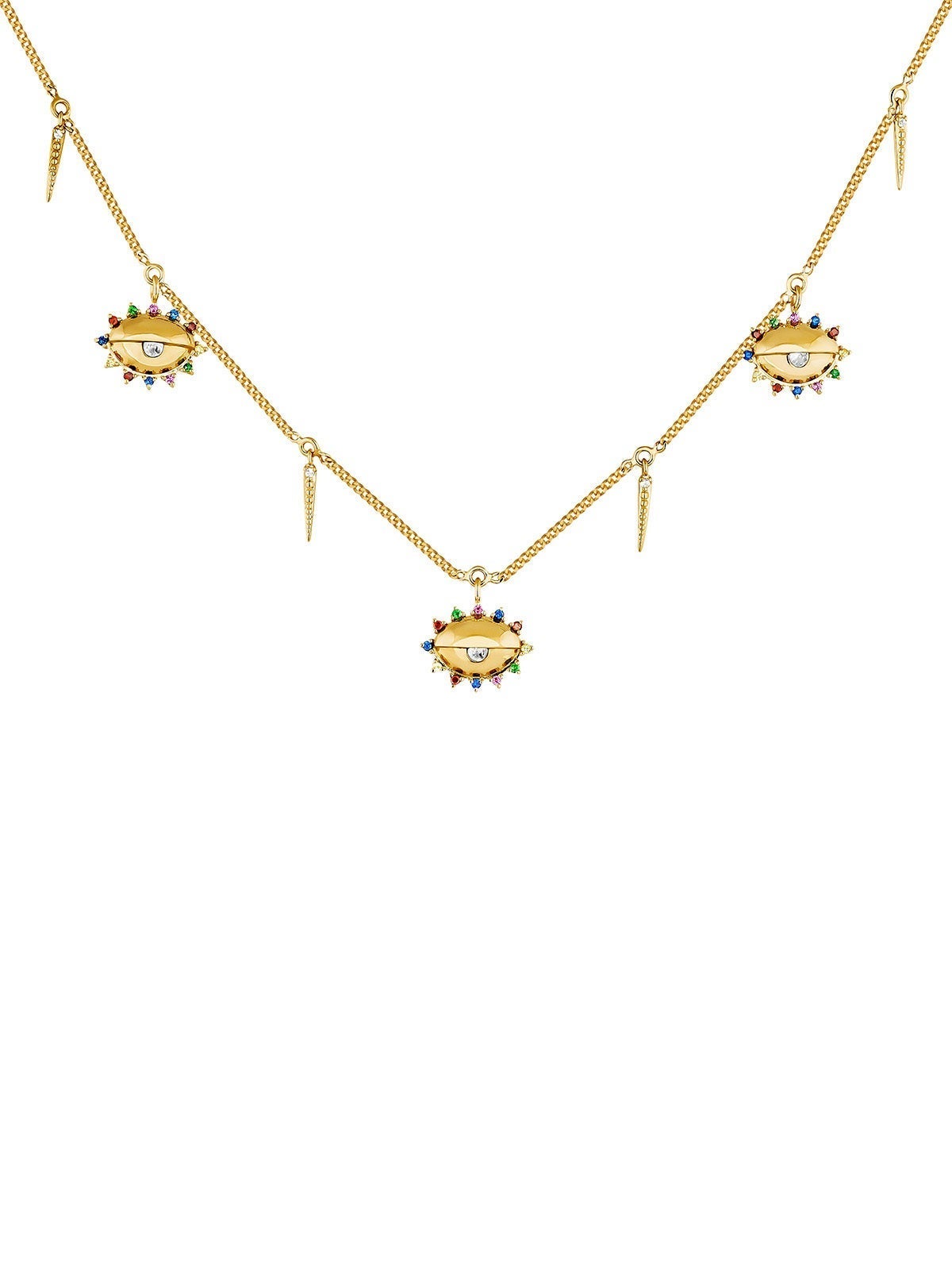 Collar con motivos oculares, piedras plateadas cubiertas de oro