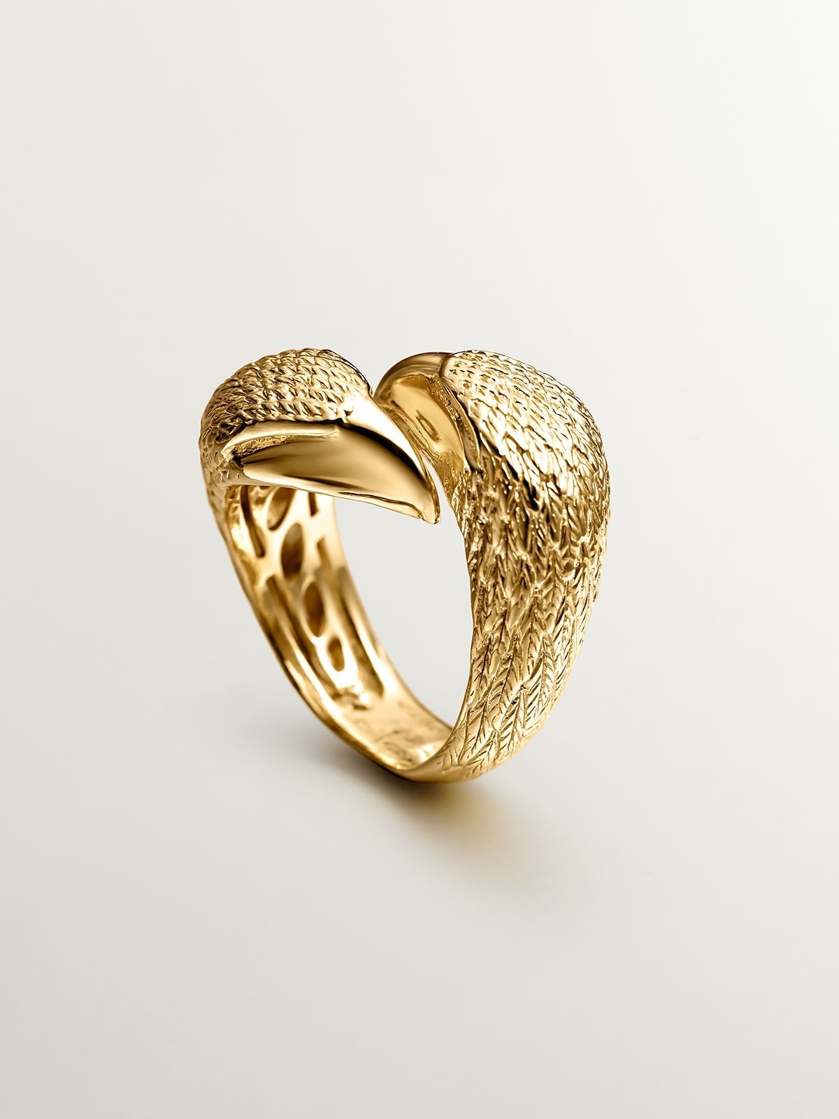 Anillo ancho Tú y Yo de plata 925 bañada en oro amarillo de 18K con cabezas de águila