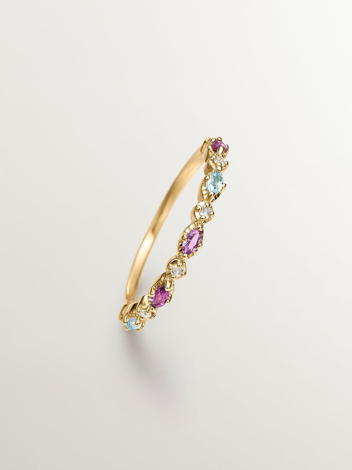 Anillo de plata 925 bañada en oro amarillo de 18K con topacios, rodolitas y amatista